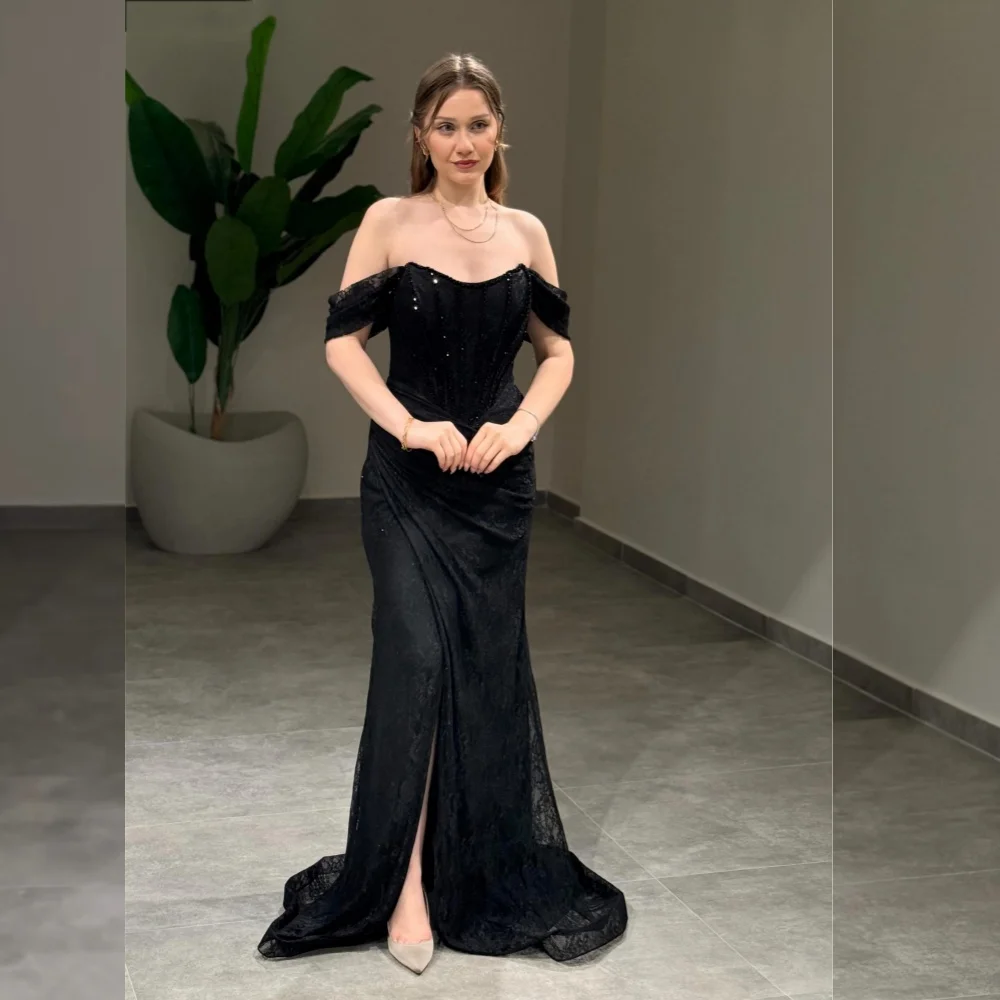 

Customized Lace Rhinestone Pleat Off-the-shoulder Mermaid Floor-length Bespoke Occasion Evening Party Dresses Elegant Sparkle