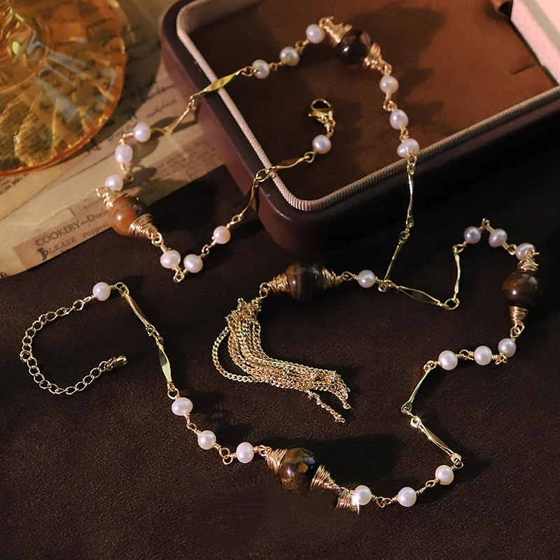 Collar con borlas de ojo de tigre y perlas naturales de agua dulce para mujer, collares con colgante de cadena de clavícula versátil, regalos de joyería