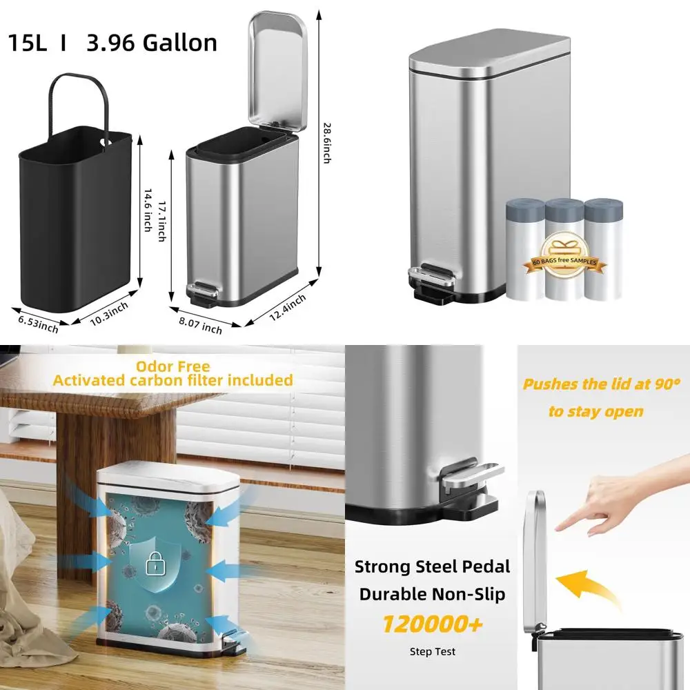 

15L Rectangular Step-On Trash Can with Soft Close Lid and Removable Bin for Home Office, Silver