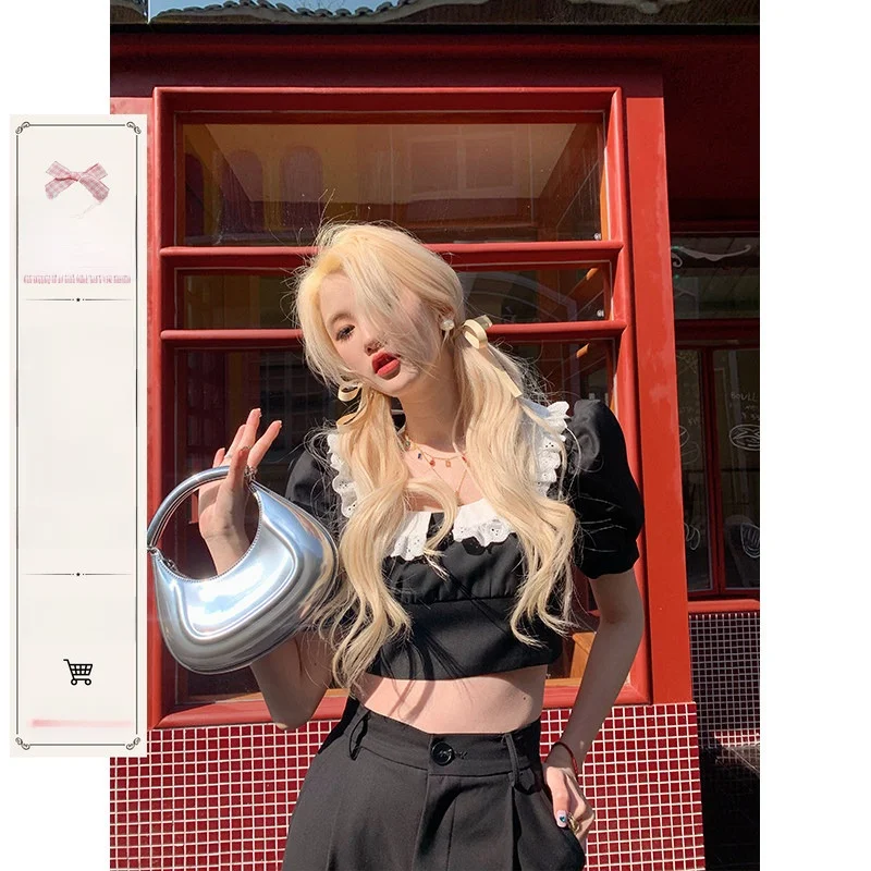 

Женская футболка с квадратным вырезом Bla Square Collar Doll, дизайнерская модель, французский стиль, из смесового хлопка, однотонная, с обычным рукавом