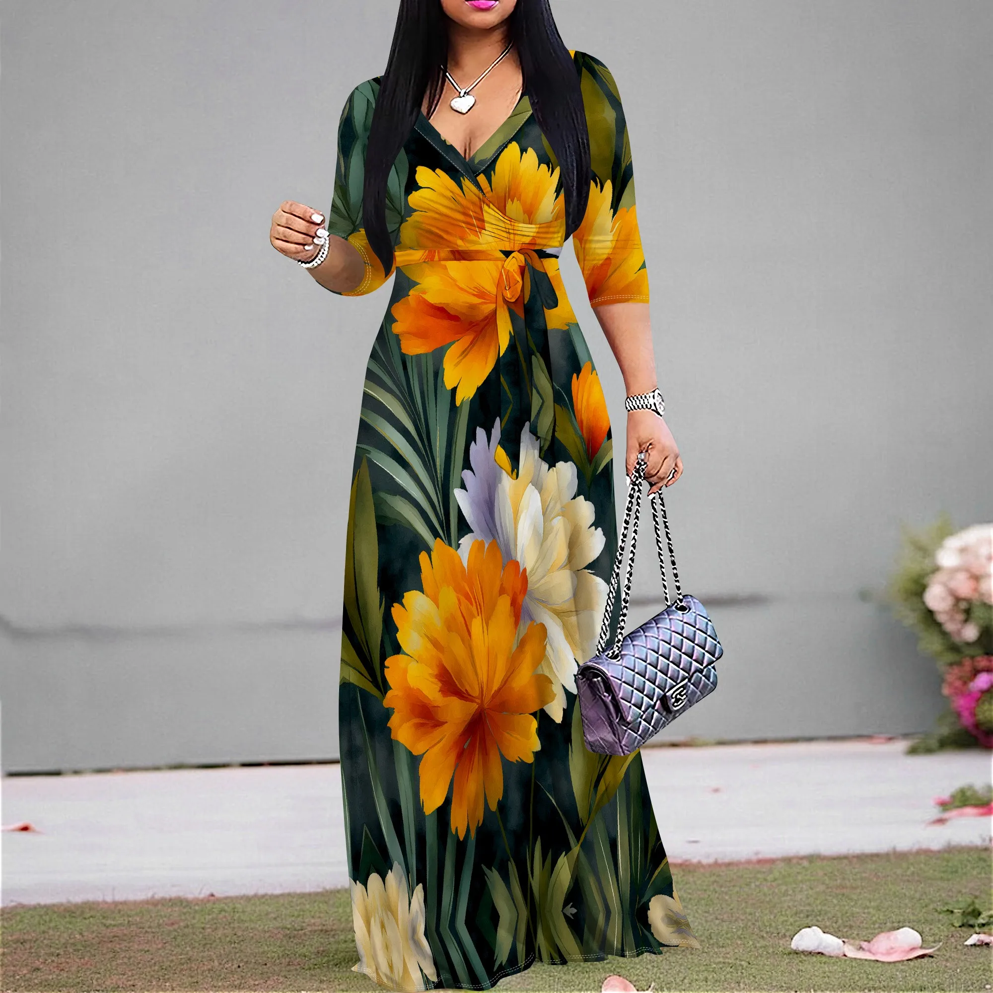 

Tropical Floral Print Maxi Dress with Waist Tie, V-Neck, 3/4 Sleeve, Plus Size S-3XL – Perfect for Summer & Beach