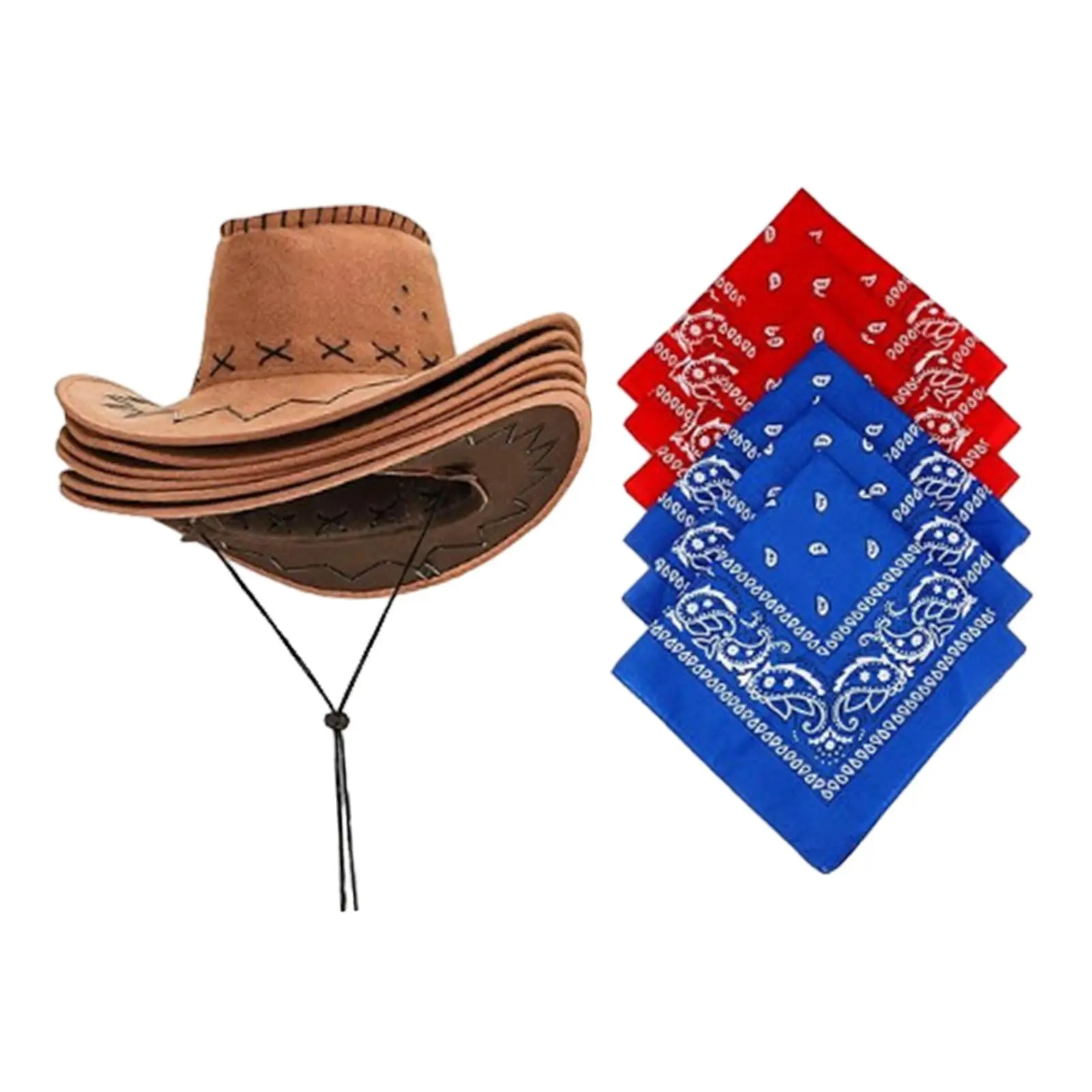 6x Western Cowboy Hat Costume Hat Lightweight Fancy Dress Sun Protection Hat and 6Pcs Paisley Bandana for Stage Performance