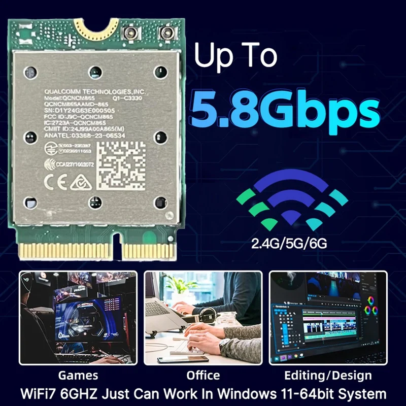 Wifi7 QCNCM865 Wireless 2.4Gbps  Tri Band 2.4G/5G/6Ghz Network Wireless Adapter  For Win11