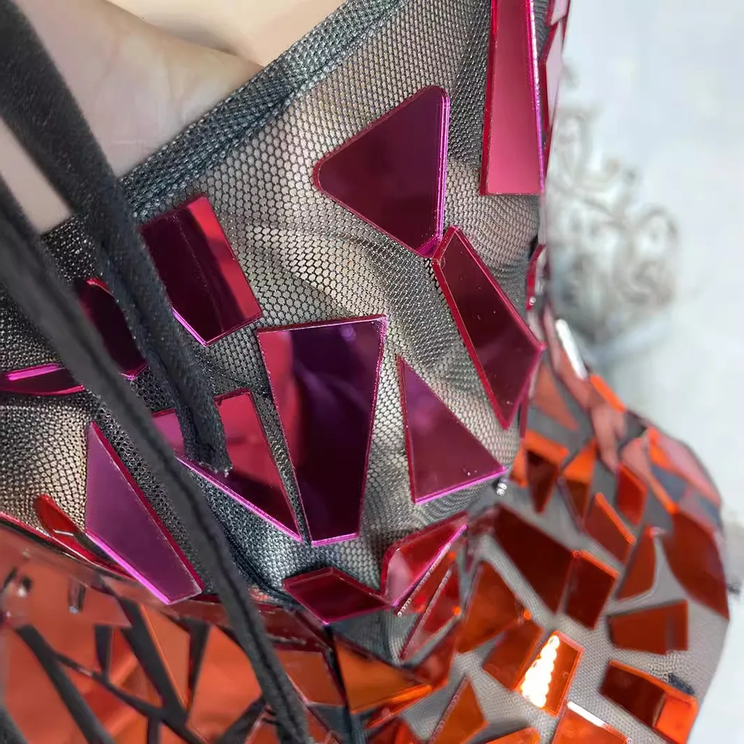 의상 패션 여성 느슨한 드레스 섹시한 메쉬 투명 거울 장식 조각 클럽 복장 Vestidos Piedras Brillantes 여성용 드레스