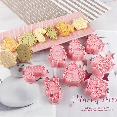 8Pcs/set Christmas Cookie Mold 3D Biscuit Mold Santa Snowman Elk Cookie Mould New Year Party Decor Press Type Baking Gadgets