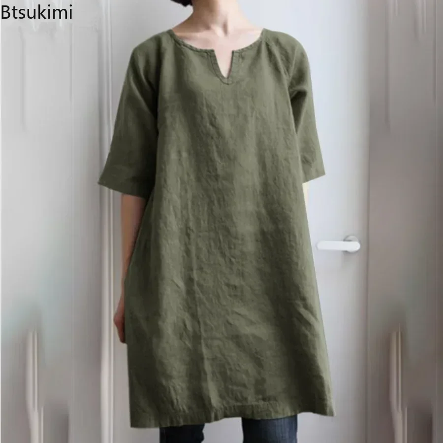 New 2026 Women's Casual Cotton Linen Dress Solid Oversized V-neck Half Sleeve Maxi Dress Women Vestidos Elegant Loose Dress