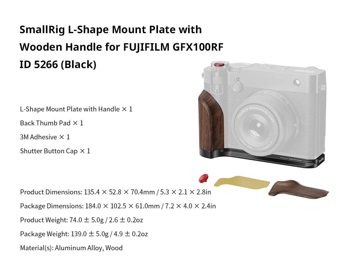 SmallRig Houten Handgreep voor FUJIFILM GFX100RF, L-vormige montageplaat met handgreep met snelontgrendelingsplaat voor Arca-afschakelknop