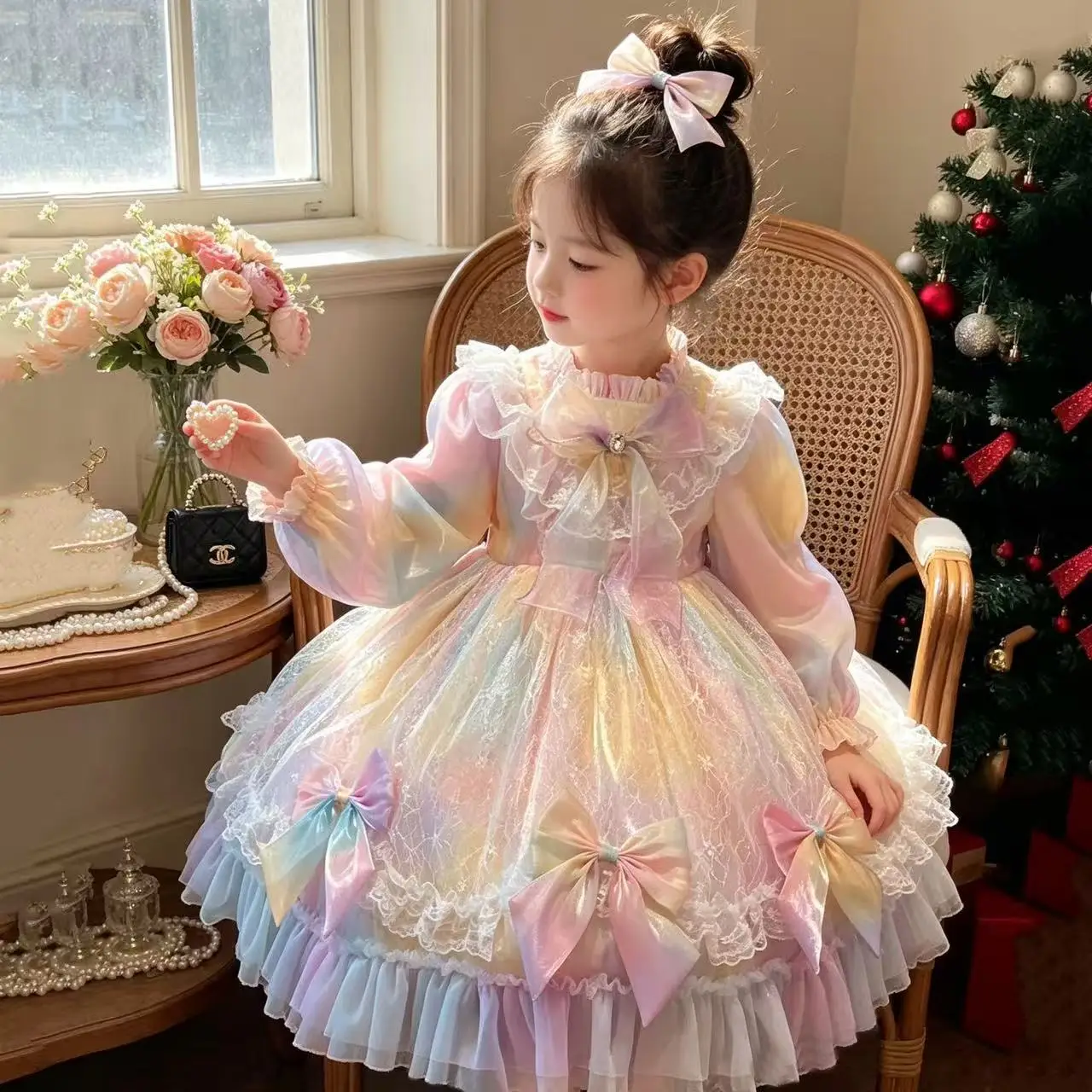 Kids Girls 2026 Fall Winter Lolita Princess Dress Super Cute Rainbow Gradient Puffy Gown Birthday Party Formal Outfit
