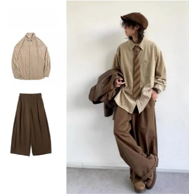 Retro Japanese Style Corduroy Long Sleeve Shirt Loose Casual Spring Autumn Unisex College Style Striped Patterned Set