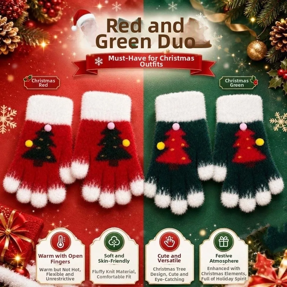 Red Green Christmas Gloves Knitted Woolen Elastic Wrist Winter Knit Mittens Thick Lining Soft Texture Touchscreen Full Finger
