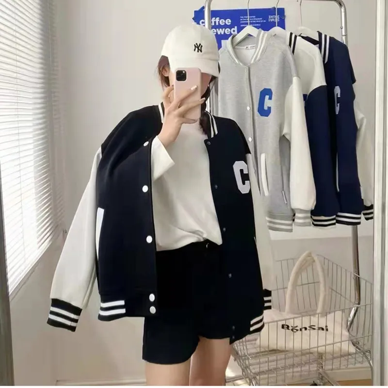 2023 Spring Autumn Women Jacket New Fashion K-pop Baseball Uniform High Street Loose Jackets Coats