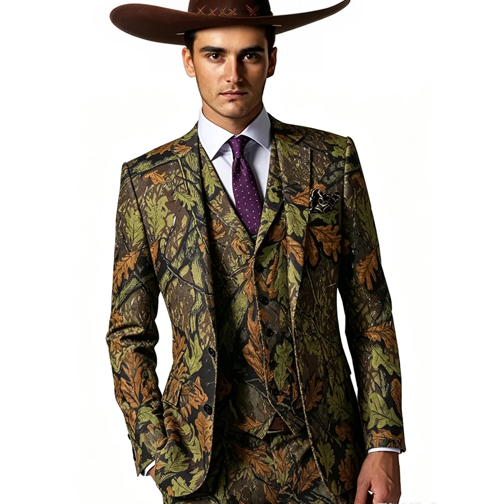 Men's 3-Piece Suit (Jacket, Trousers, Vest) with Oak Leaf Pattern – Groom's Wedding Tuxedo / Formal Business Attire