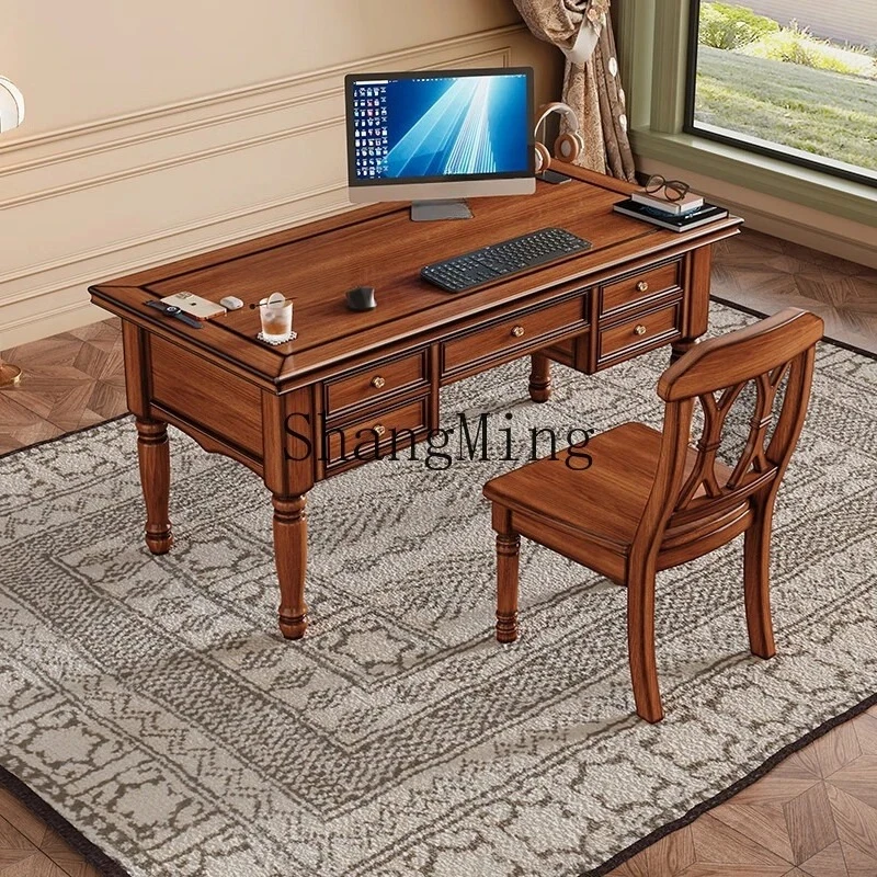 FG good-looking  solid wood desktop computer desk household retro study writing table solid wood desk chair combination