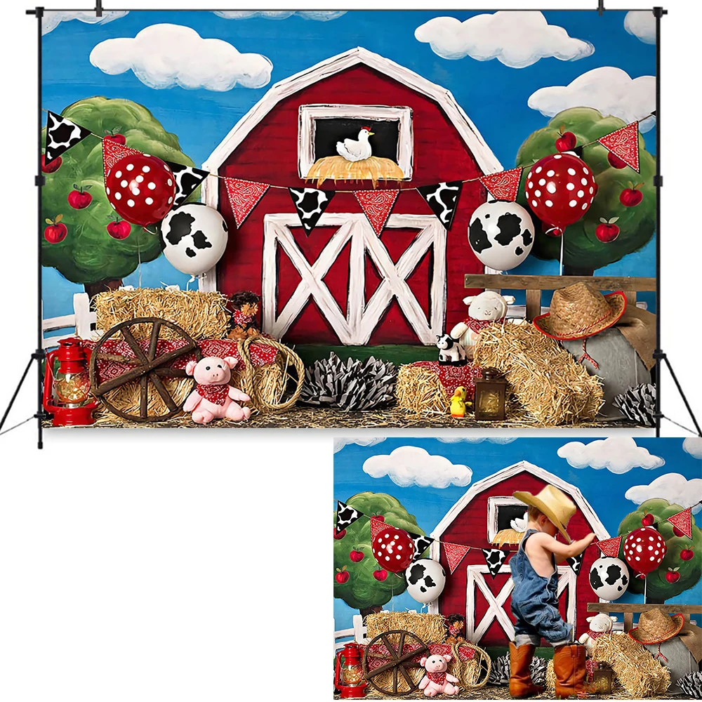 Baby Birthday Party Red Farm Decor Photography Background Tractor Animal Holiday Celebration Backdrop Prop Boy Girl Cake Photo