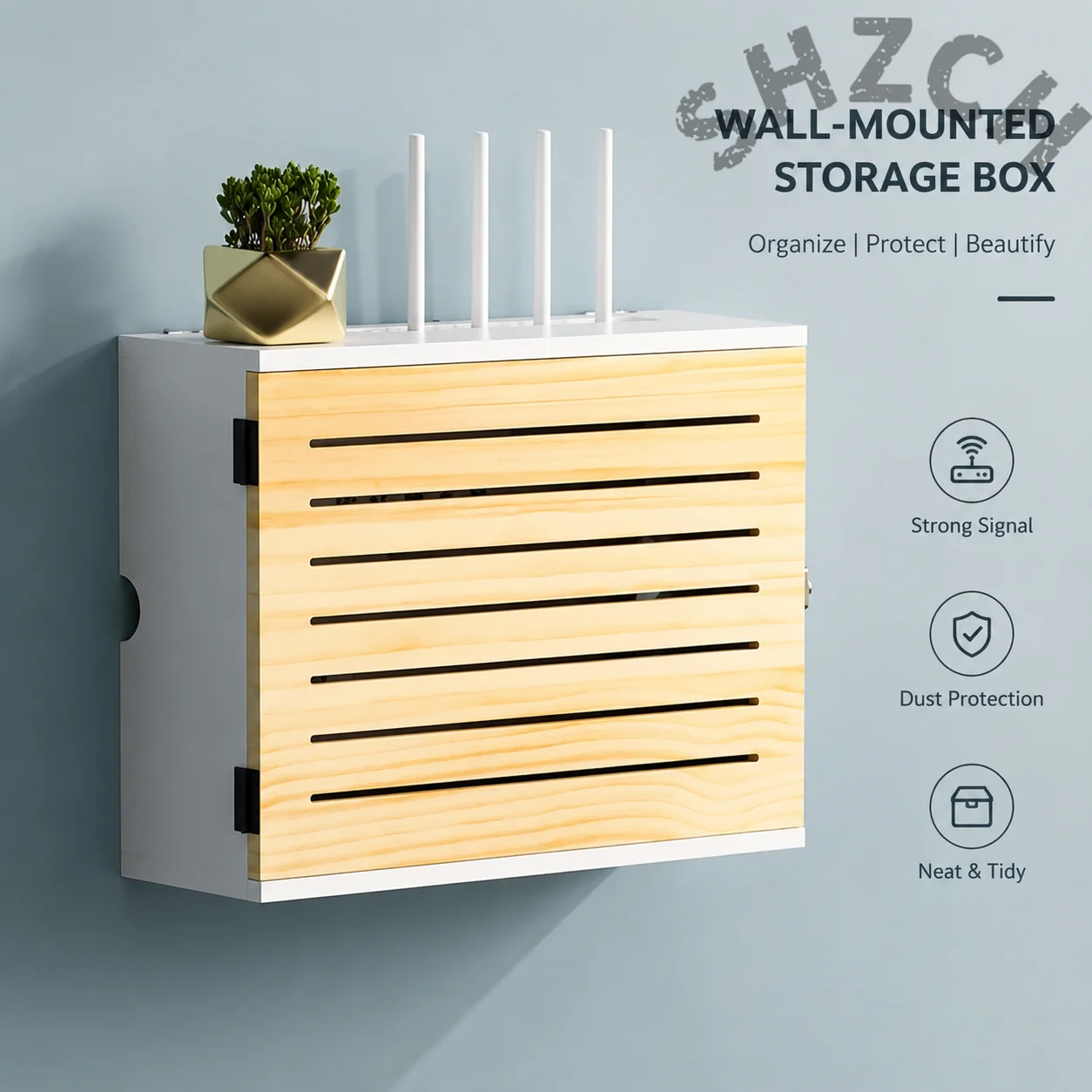 Wall-Mounted Wooden Router Storage Box with Cable Management for WiFi Modem – Decorative Home Organizer Shelf