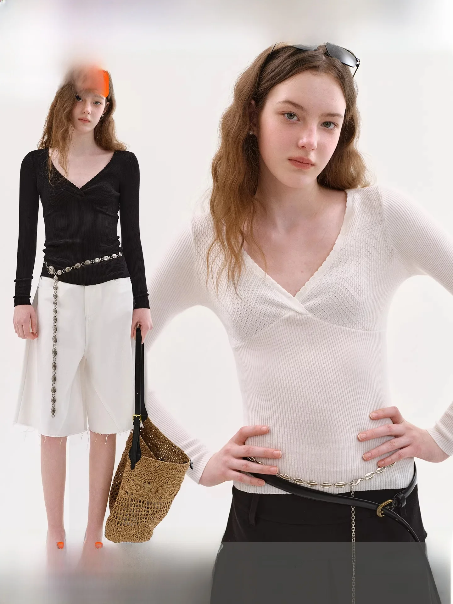 

Fano Pure Cotton Knitted Base irt Women's Spring 2026 Versatile Slim Fit Cross V-Ne Hollow out Embroidery T-irt