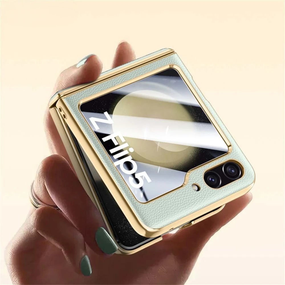 삼성 갤럭시 Z플립 5 6 고급 도금 순수 가죽 힌지 폰 케이스 삼성 Z 플립5 플립 6 렌즈 보호 백 커버