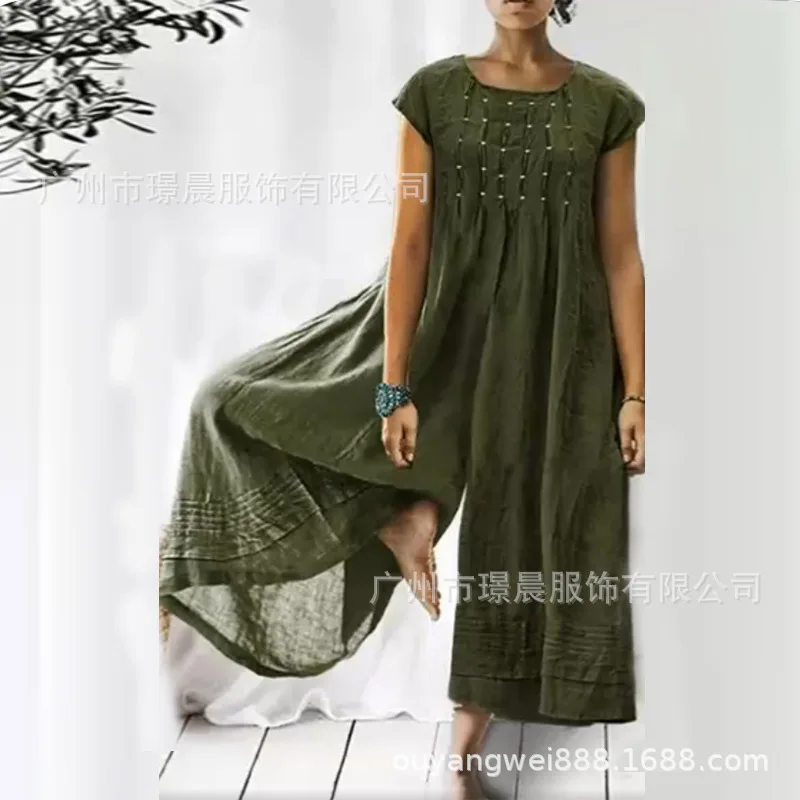 2025 elegante casual manga curta macacão feminino cor sólida comprimento médio algodão camisa de linho macacões longos para o verão mais