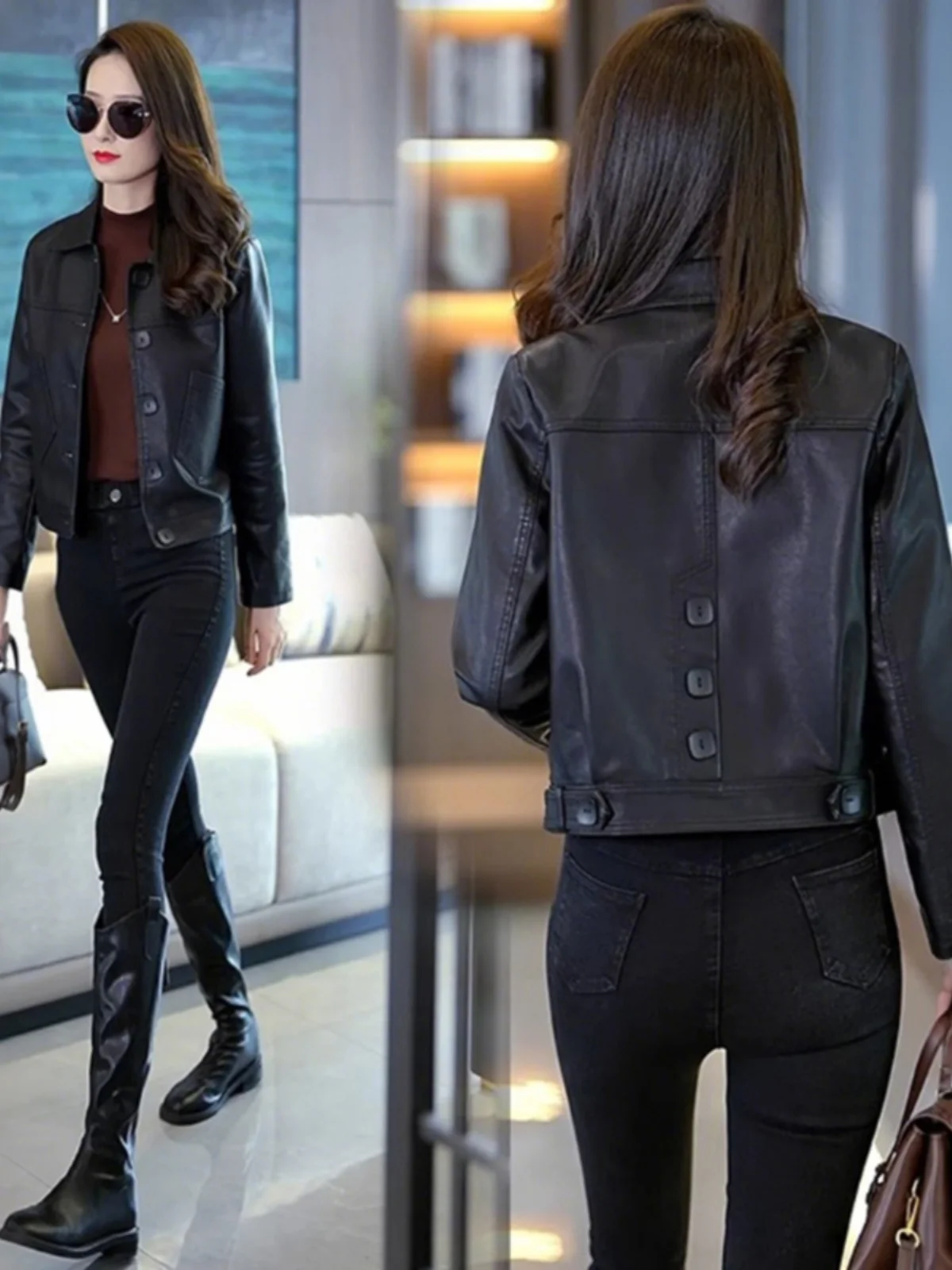 Ele ort PUレザーバイカージャケット レディースファッション 春の新作 スリムフィット モーターサイクルジャケット レディーストップコート スリムセンセーション