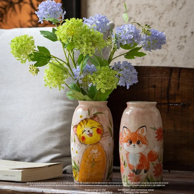 Creative hand-painted animal vase,fox/cat ceramic vase,cute interesting flower vase decoration for home foyer,nordic home decor