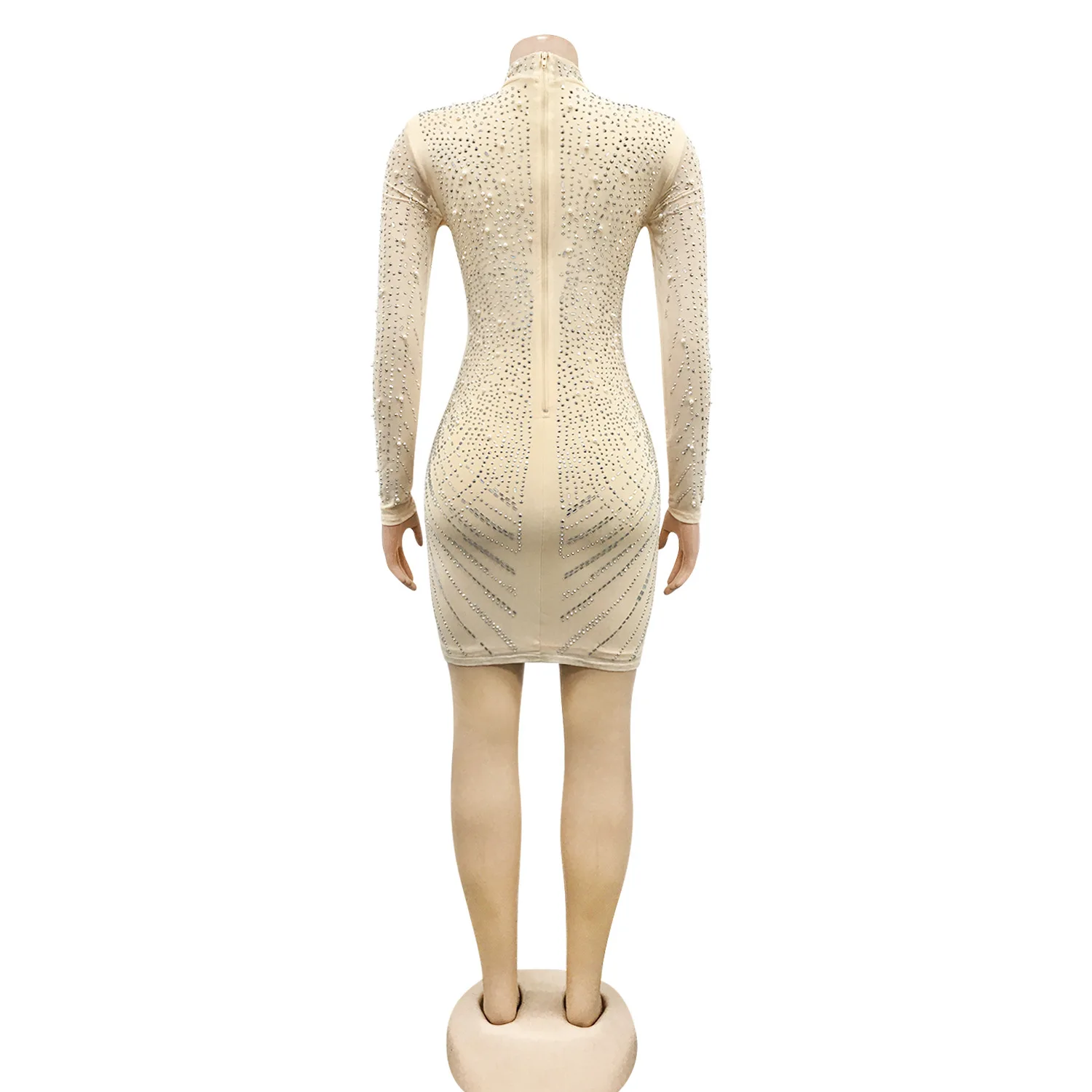 ใหม่แฟชั่นเซ็กซี่แขนยาว V คอเลื่อมตาข่าย Sheer สีทึบ Slim Fit Sheath เหนือเข่าชุดผู้หญิง, 2 สี