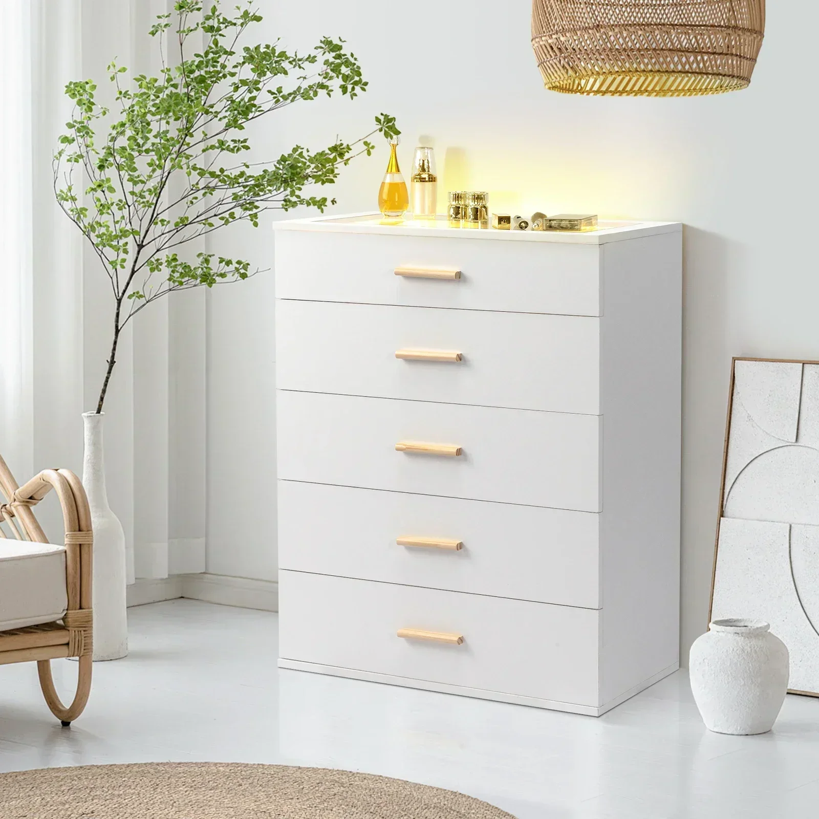 

white pitted particleboard with triamine coating, tempered glass visible side of the cabinet, five drawers, drawer cabinet