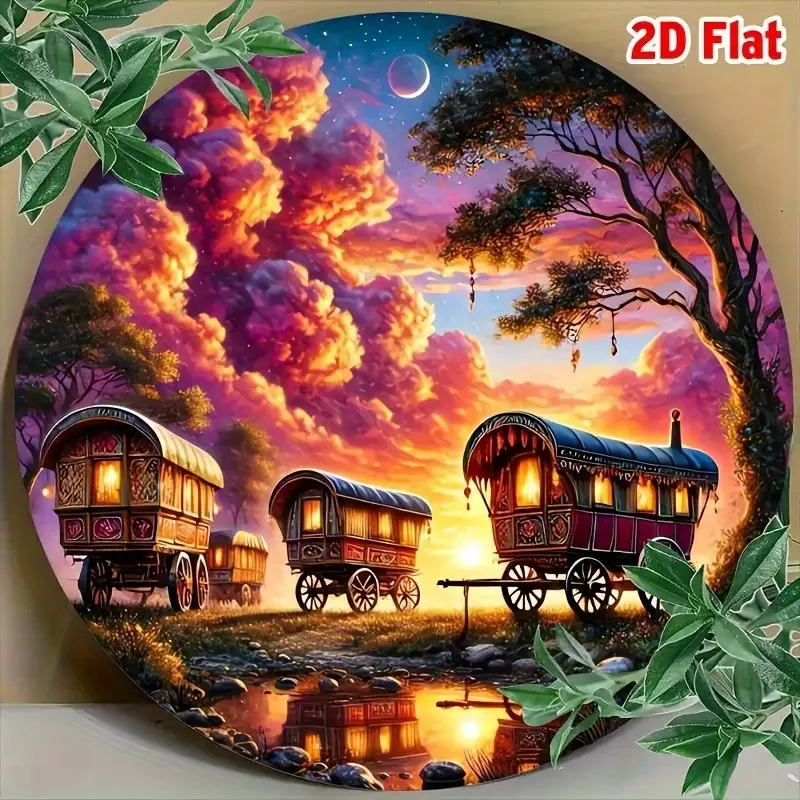 [2D Flat] Vintage Metal Sign, Colorful Cloud Caravan Round Metal Wall Art, Moonlit Night Sky, 20.32x20.32cm Aluminum Wall Decor