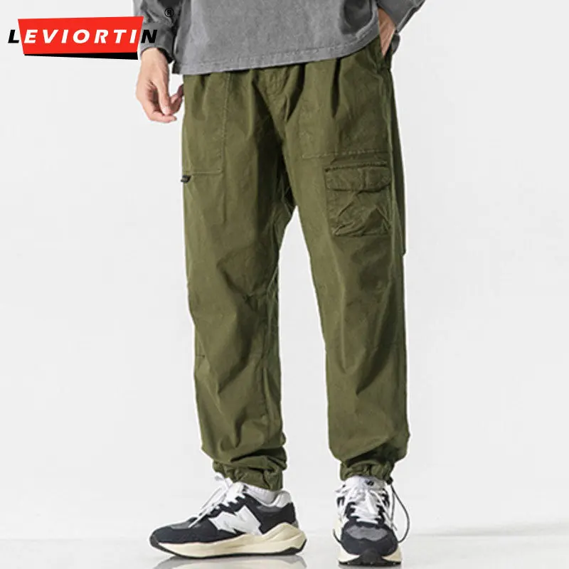 

Men's Japanese loose straight leg buckle pants Spring and Autumn Korean trendy wide leg adjustable ankle binding work pants
