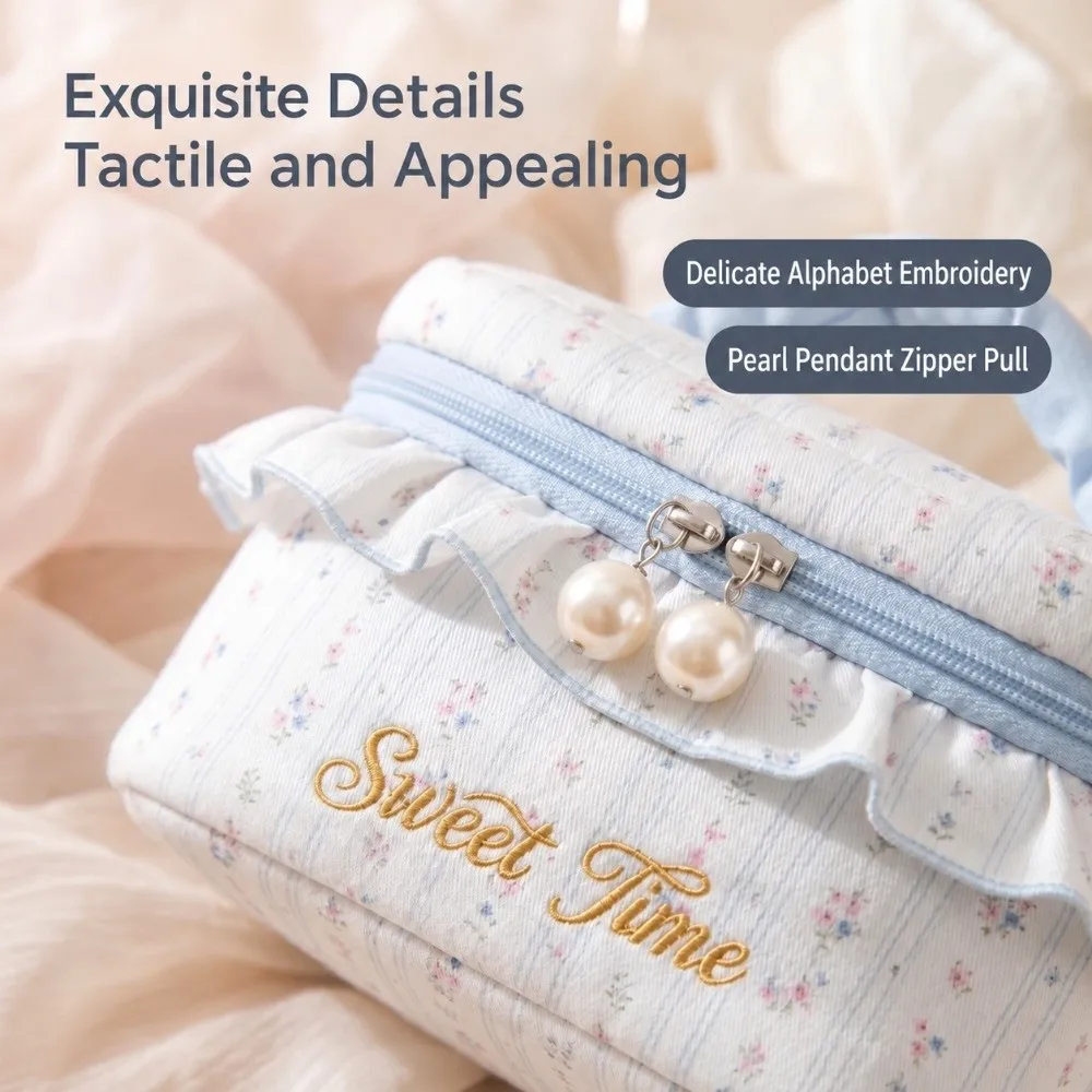 New Floral Print Cosmetic Bag Ruffled Ultralight Travel Toiletry Bag Large-Capacity Portable Storage Bag