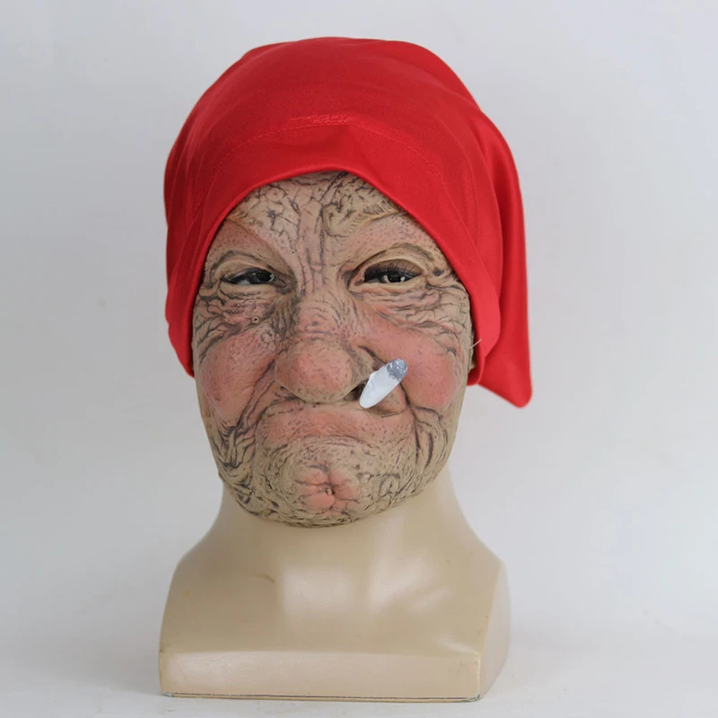 

Smoking Grandma Mask Old Nana Latex Mask Halloween Party Costume Grandma Mask With Wrinkled Face and Red Scarf Cosplay Props