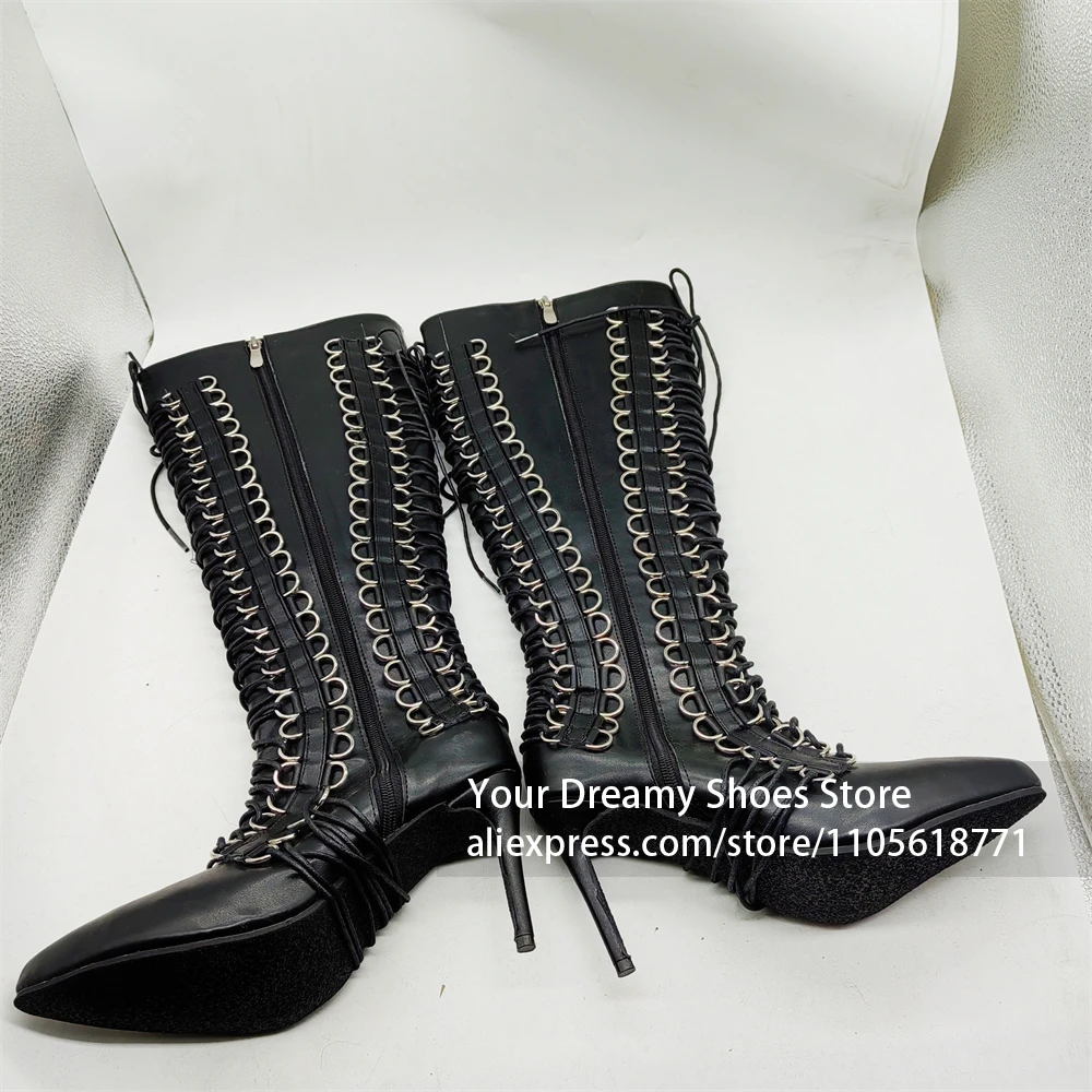 Pointed Toe Silhouette Heel Boot Full Length Lace Up with Metal Ring Hardware Ring Hardware Lace Up High Heel Boots Street Style