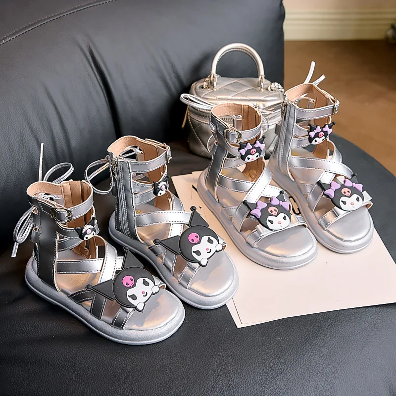 

Kids'Sandals Shoes Kuromi PU Leather Shoes Peep Toe Summer Shoes For Girls Anti-slip Soft Bottom Silver Shoes Size 26-37