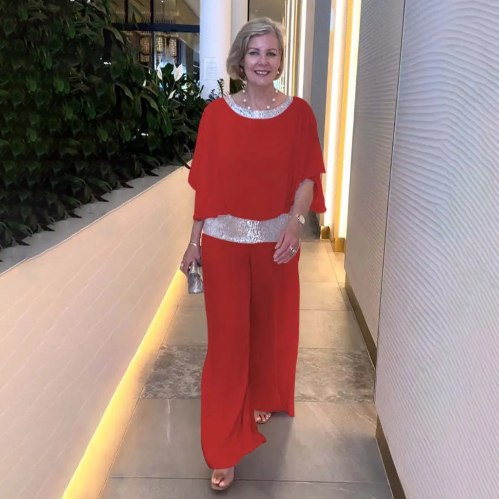 

Women's Solid Color Sequin round Neck Shirt And Wide Leg Pants Set European And American Style New Fashion