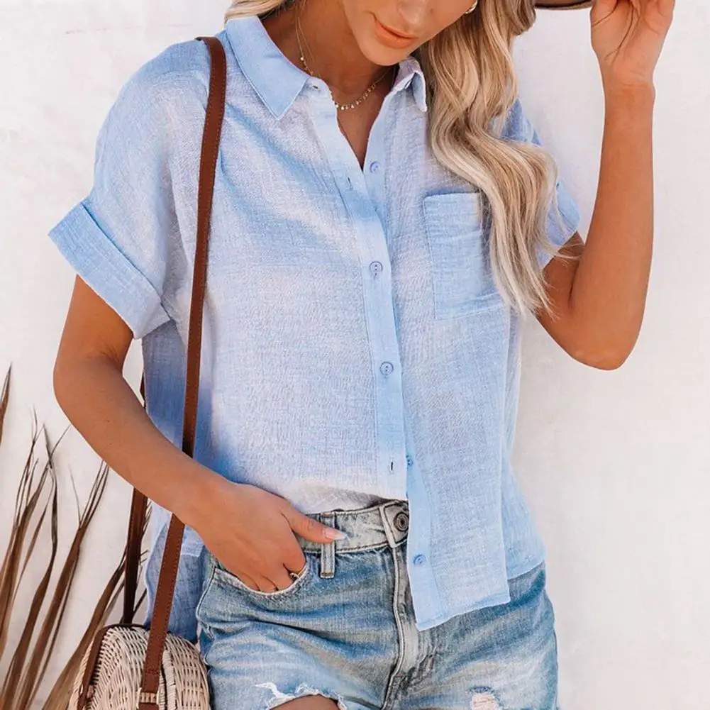 Women Top Solid Color Side Slit Summer Popular Thin Texture Loose Female Shirt Single Breasted Short-sleeved Ladies Shirts