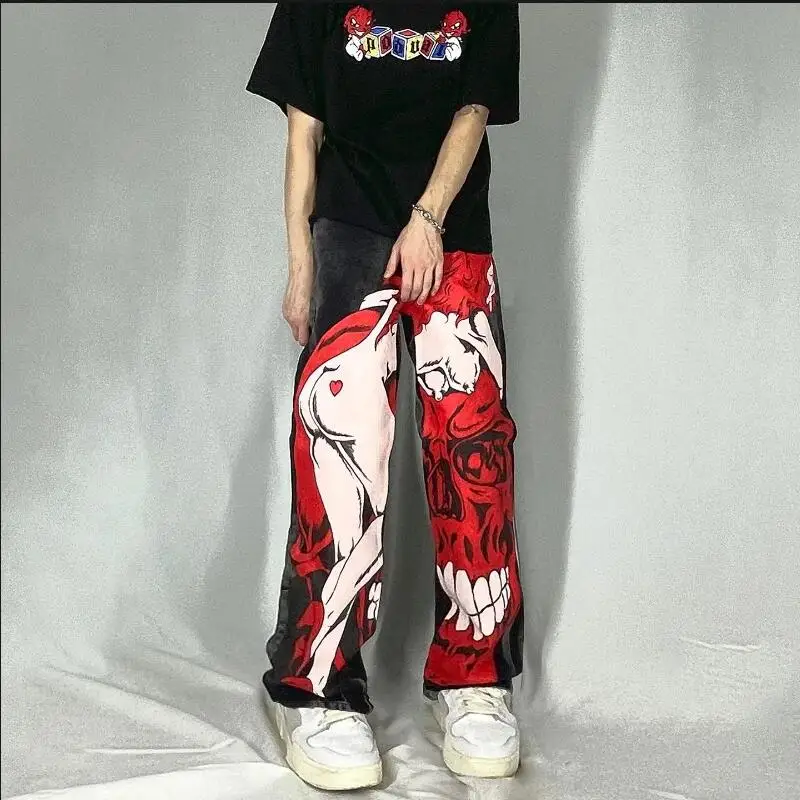 Pantalones vaqueros holgados Y2K para hombre, ropa de calle Harajuku con estampado Vintage, pantalones holgados de Hip Hop de gran tamaño, pantalones góticos de rock, w675