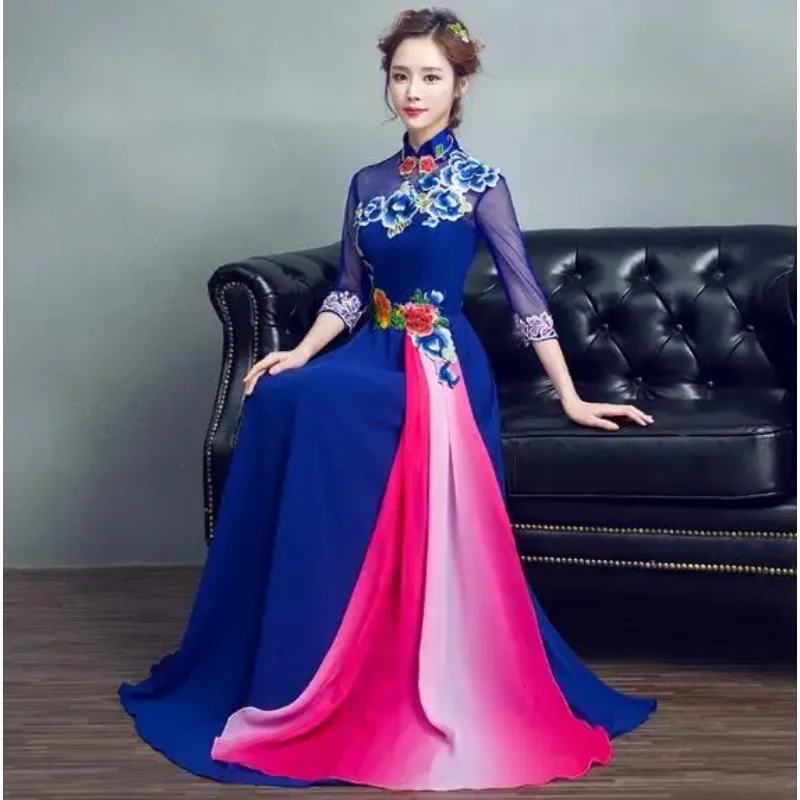 

Spring Oriental Dress Cheongsam Woman Evening dress Chinese Long Chi Pao Embroidered Stage