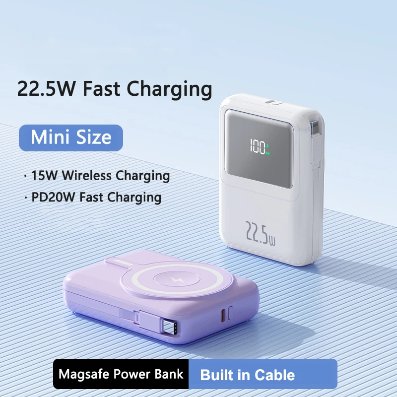 

10000mAh Magnetic Wireless Charger Power Bank Built in Cable for iPhone 15 14 iWatch Huawei Xiaomi 22.5W Fast Charging Powerbank