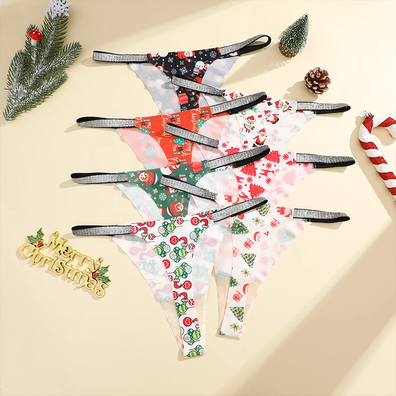 3Pcs/Set Snowflake Santa Claus G-String Print Sexy Breathable Women\'s Underwear Low Waist Thong Merry Christmas Panties Diamonds