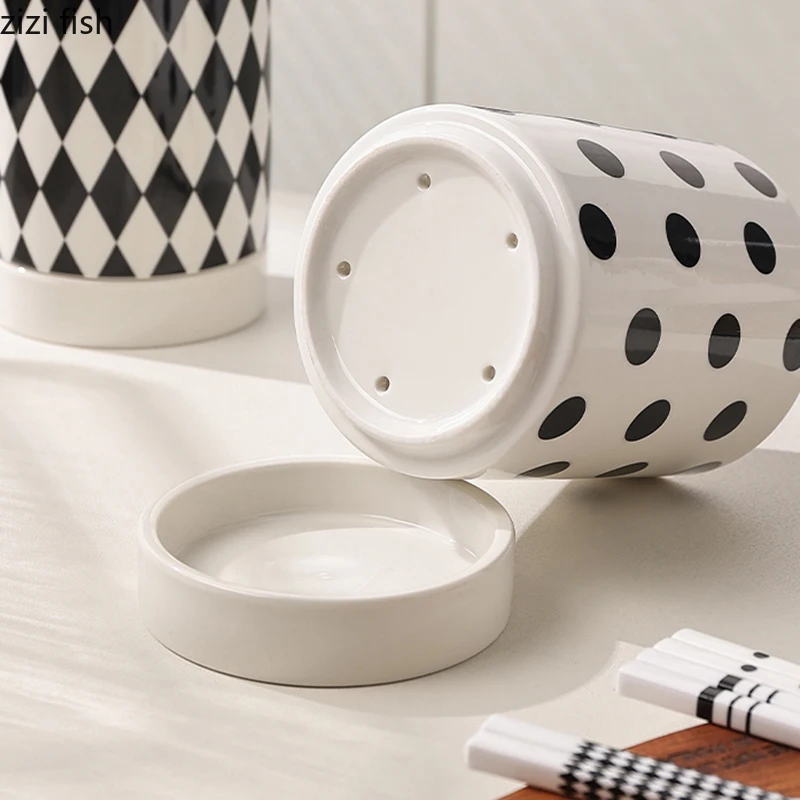 Creative Geometric Pattern Chopstick Holder Ceramic Knife Fork Spoon Storage Rack Drain Storage Jar Household Storage Tools