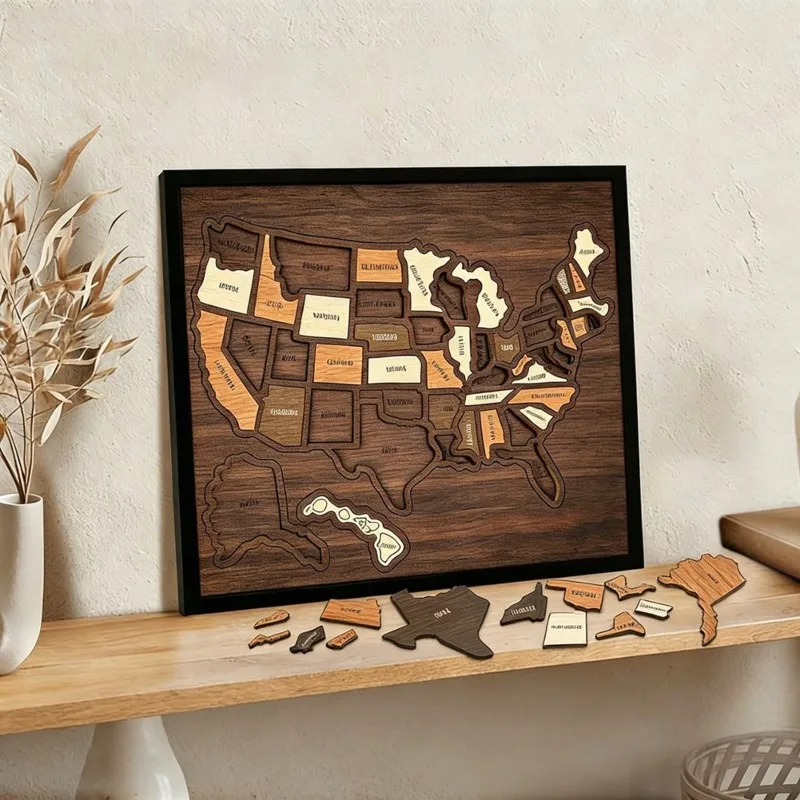 Educational Wooden USA Travel Map Puzzle Jigsaw Travel Portable For Home Wall Decor Learning Gift
