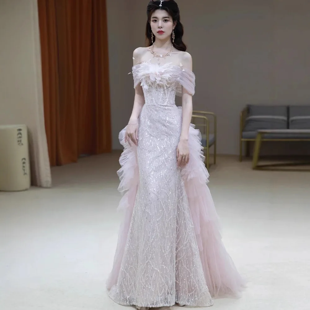 

Розовое вечернее платье-русалка на одно плечо для взрослых, для дня рождения, юбилея, высококачественное, для выступлений и мероприятий