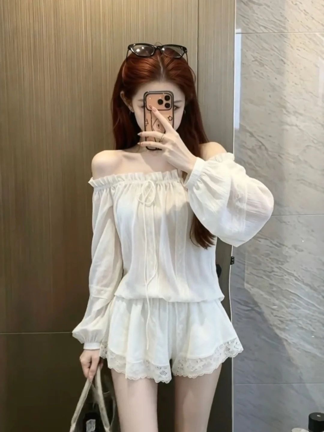 

Gentle Korean Style One Shoulder Lantern Sleeve Lace Trim Dress Bottoming Shorts Set Summer Small Stature Clothing Matching