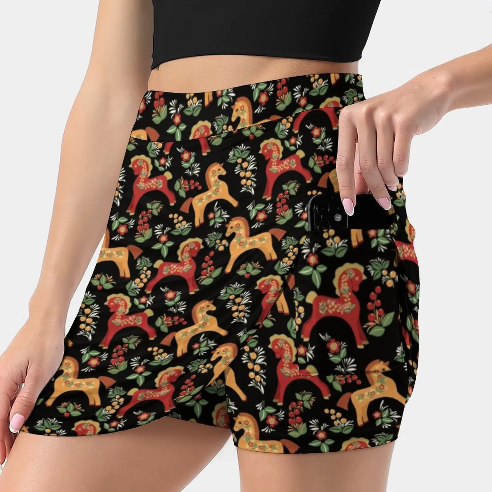 

Folk Horses Pattern Women's skirt Sport Skort Skirt With Pocket Fashion Korean Style Skirt 4Xl Skirts Flowers Trend Artistic