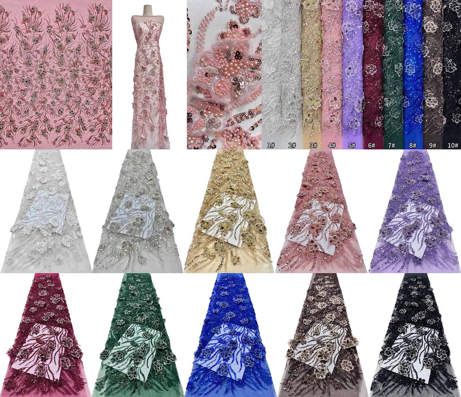 3D Königsblaue Afrikanische Stickerei-Spitze Perlenbesetzter Spitzenstoff 2026 Hochwertige Nigerianische Pailletten Französische Spitze für Damen Hochzeitskleid – Detail 3