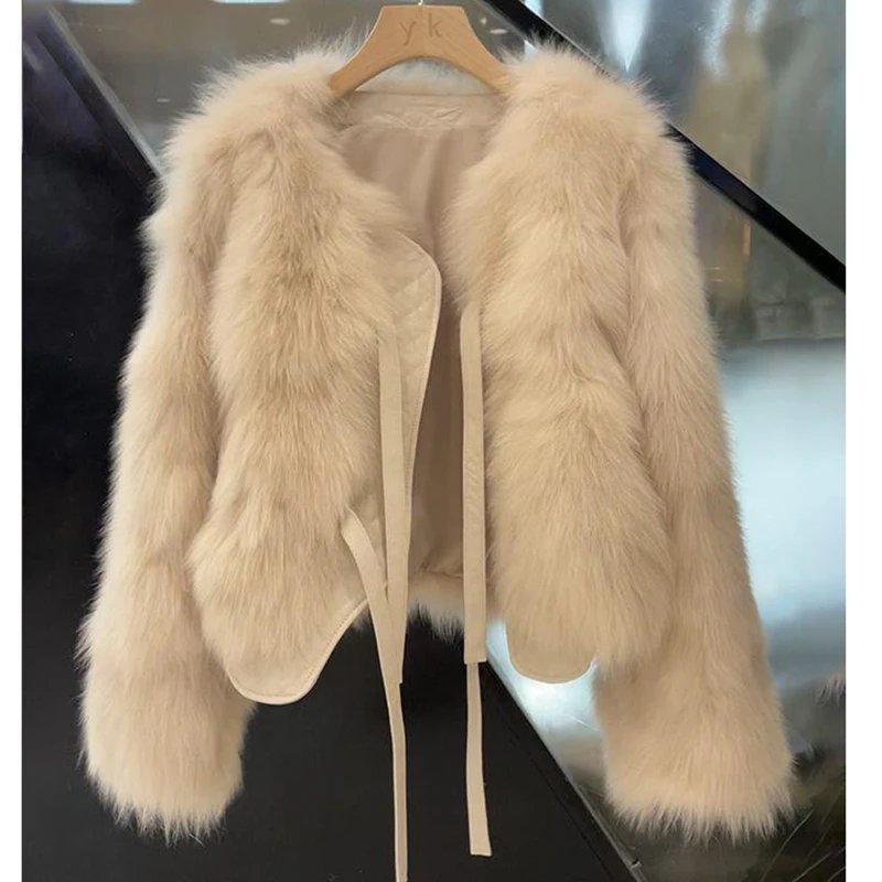 

Gidyq Women Faux Fox Fur Jacket Fashion Korean Streetwear Bandage Loose Coats Winter Casual Female Cropped Plush Outwear New