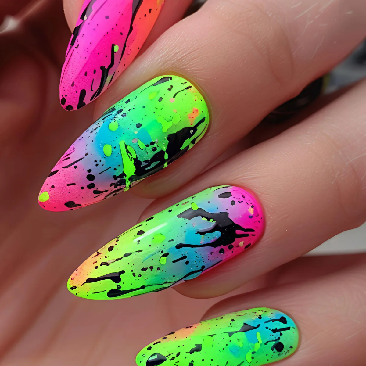 Medium fake nails for women girls Y2K gradient green blue orange blue graffiti Square almond nail tips full cover press on nails view 4