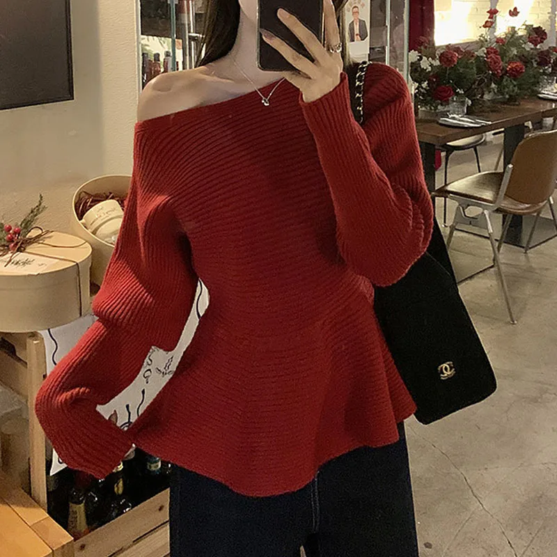 

Женская одежда: Новые облегающие вязаные свитера с длинным рукавом и асимметричным воротником, пуловеры, топы, трикотаж Q3261