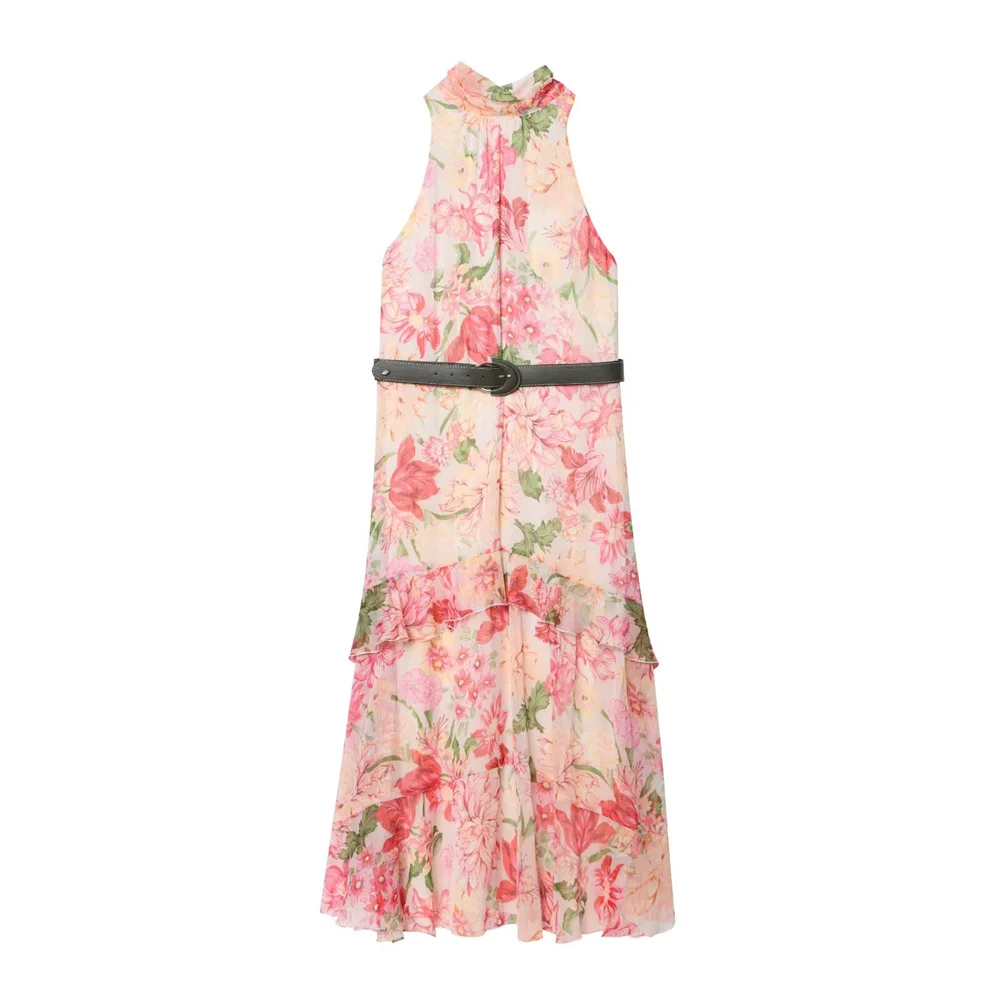 Verão feminino novo fino ajuste cinto em camadas impressão decorativa gola sem mangas vestido longo