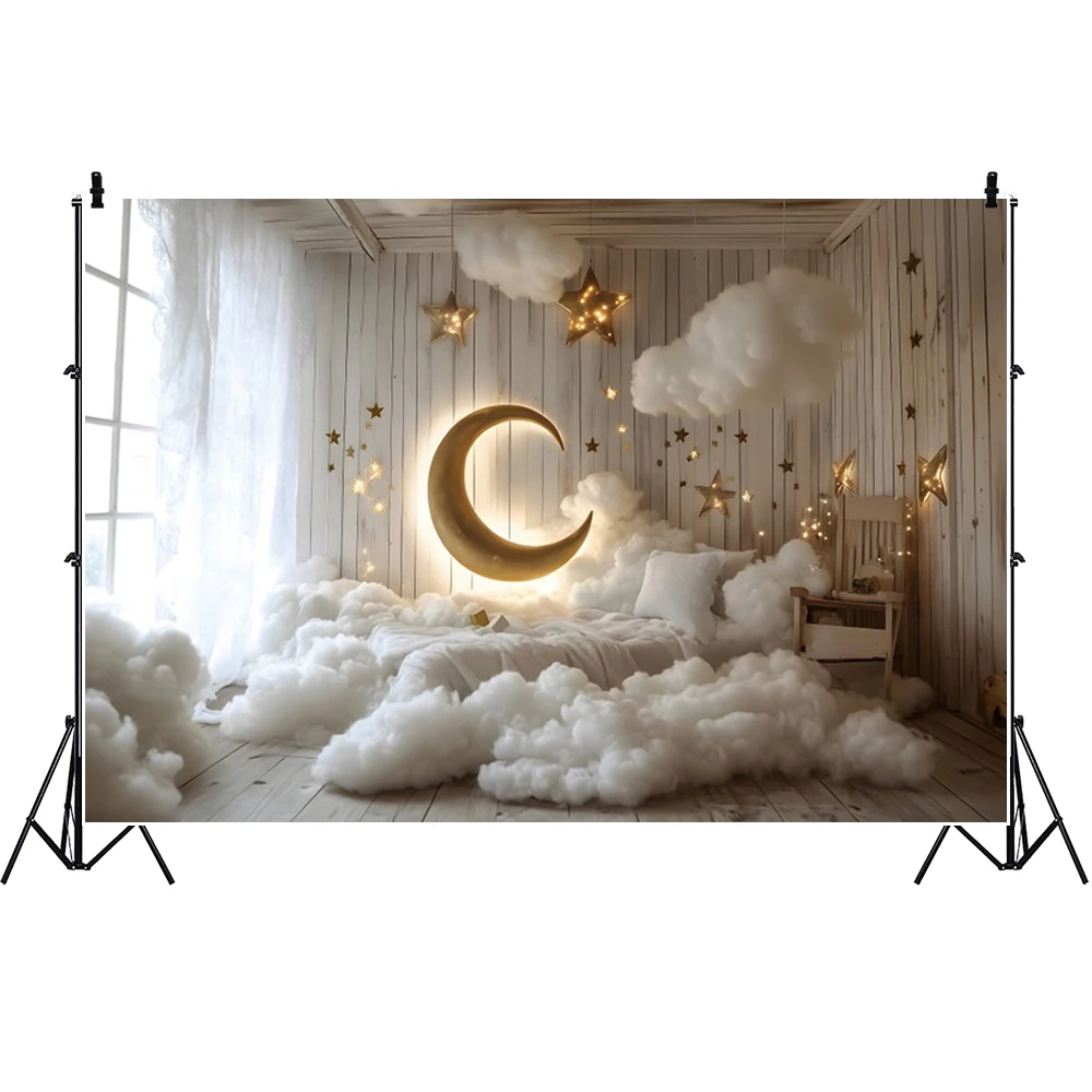 Happy Birthday Photography Backdrop Newborn Party Moon Clouds Background Kids Portrait Cake Smash Photo Banner Studio