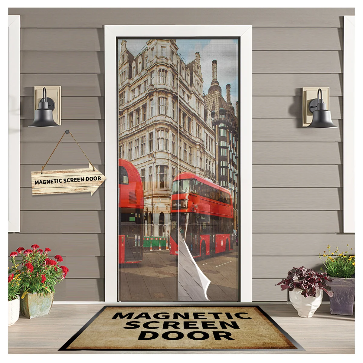 London Red Bus Building House Summer Magnetic Screen Door Curtains Mosquito Net Door Curtain for Bedroom Kitchen Door Screens